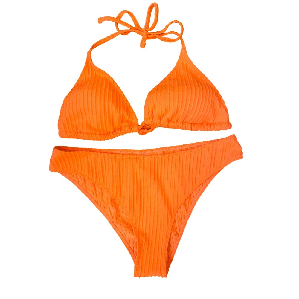 Neon Orange Ribbed Triangle Bikini Set Two Piece Swimsuit XL